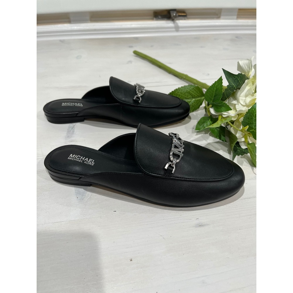 NEW Michael Kors Black Leather Mules Slides Loafers Size 6M Silver MK Chain - Picture 7 of 7